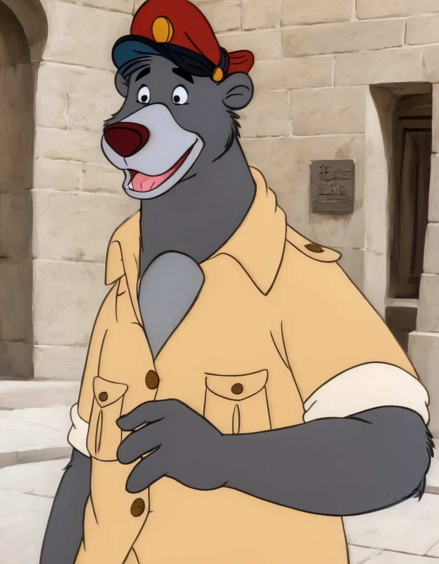 disney style cartoon, <lora:TaleSpin_-_Baloo_2:0.8> 1boy, bear baloo, cartoon, face, furry, hat, male focus, peaked cap, red headwear, solo, yellow shirt, candy world of disney,( in art style Picasso:1.2), walking on the street,, ultra quality