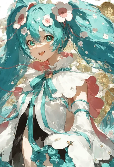 score_9,score_8_up,score_7_up,,source_anime BREAK, upper body , 1girl, solo,looking at viewer,, MHM21, hatsune miku, hair ornament, flower, twintails, magical mirai miku, long hair, detached sleeves, open mouth, aqua hair, smile, very long hair, wide sleeves, medallion, white sleeves, aqua ribbon, aqua eyes, cape, hair between eyes<lora:ãã¸ã«ã«ãã©ã¤2021:1>