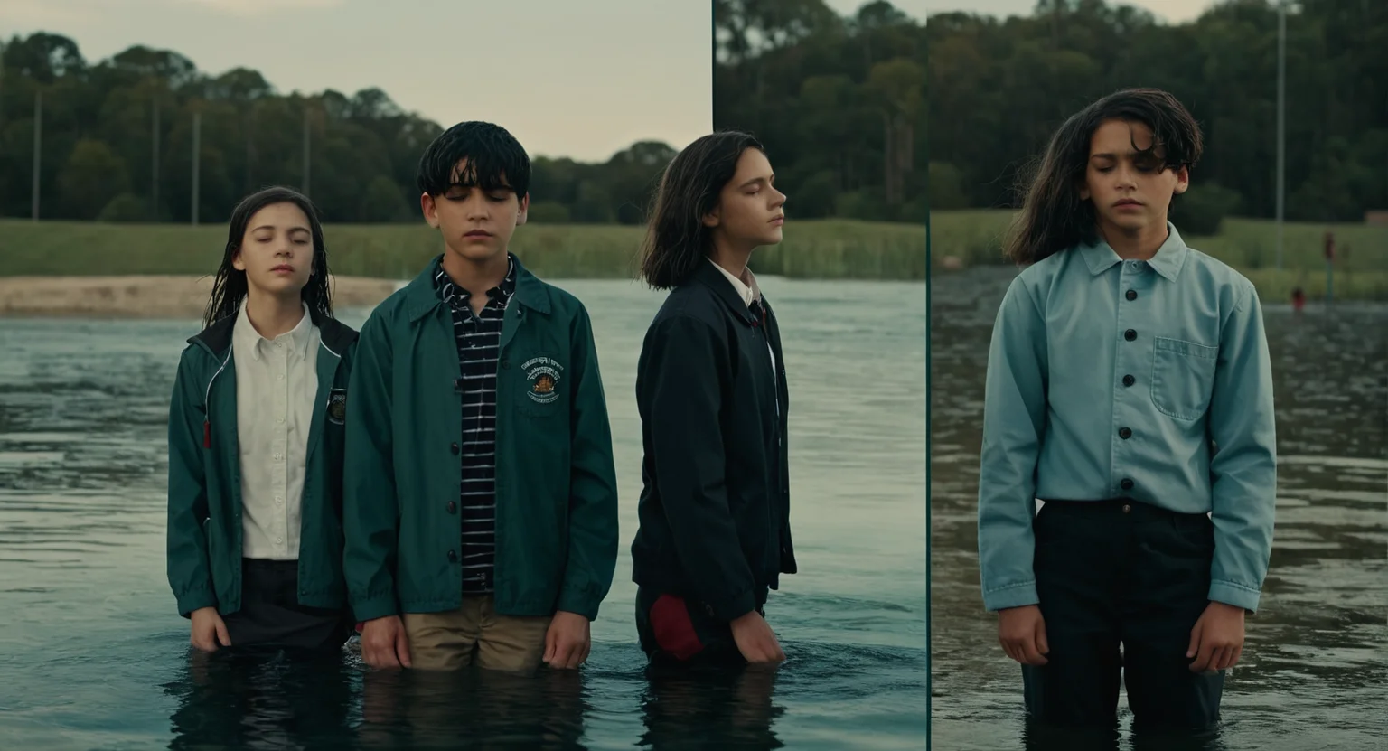 cinematic film still of <lora:Split Screen Style:1>
two different images of a man standing in the water and a woman standing in the water,Split Screen Style,long hair,short hair,shirt,black hair,long sleeves,1boy,school uniform,jacket,closed eyes,male focus,multiple boys,2boys,water,buttons,own hands together,realistic , division of the screen, half screen, several simultaneous images, shallow depth of field, vignette, highly detailed, high budget, bokeh, cinemascope, moody, epic, gorgeous, film grain, grainy