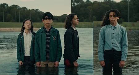 cinematic film still of <lora:Split Screen Style:1>
two different images of a man standing in the water and a woman standing in the water,Split Screen Style,long hair,short hair,shirt,black hair,long sleeves,1boy,school uniform,jacket,closed eyes,male focus,multiple boys,2boys,water,buttons,own hands together,realistic , division of the screen, half screen, several simultaneous images, shallow depth of field, vignette, highly detailed, high budget, bokeh, cinemascope, moody, epic, gorgeous, film grain, grainy