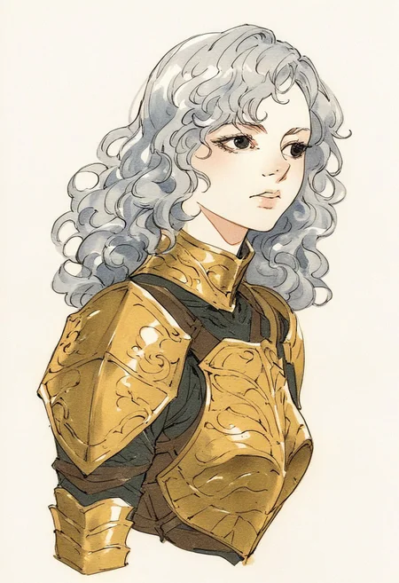 score_9, score_8_up, score_7_up, 1girl, solo, portrait,  wavy hair with bangs, silver hair, medium-length hair, asymmetrical bang, black eyes, shapely body, black and gold armor, ahiny armor, traditional media, yoji_shinkawa
