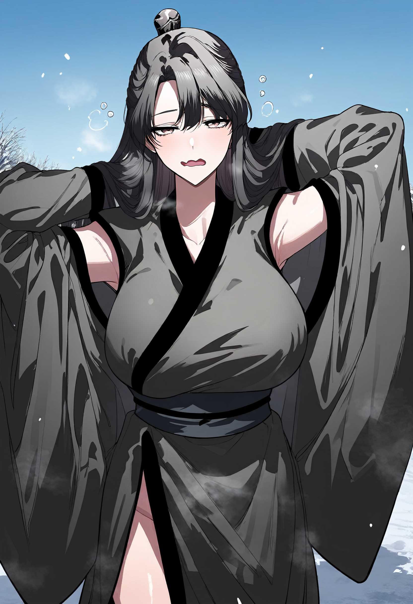 score_9, score_8_up, score_7_up, score_6_up, source_anime, rating_explicit, 1girl, solo, huge breasts, <lora:Flame Ghost Demonponyxl:1> long hair, black hair, single hair bun, half updo, brown eyes, chinese clothes, black kimono, sleeveless kimono, sash, black gloves, detached sleeves, wide sleeves, black sleeves, half-closed eyes, sleepy, open mouth, wavy mouth, Narrow shoulders, heavy breathing, steaming body, snow field, outdoors, looking at viewer, close-up, standing, arms behind head,