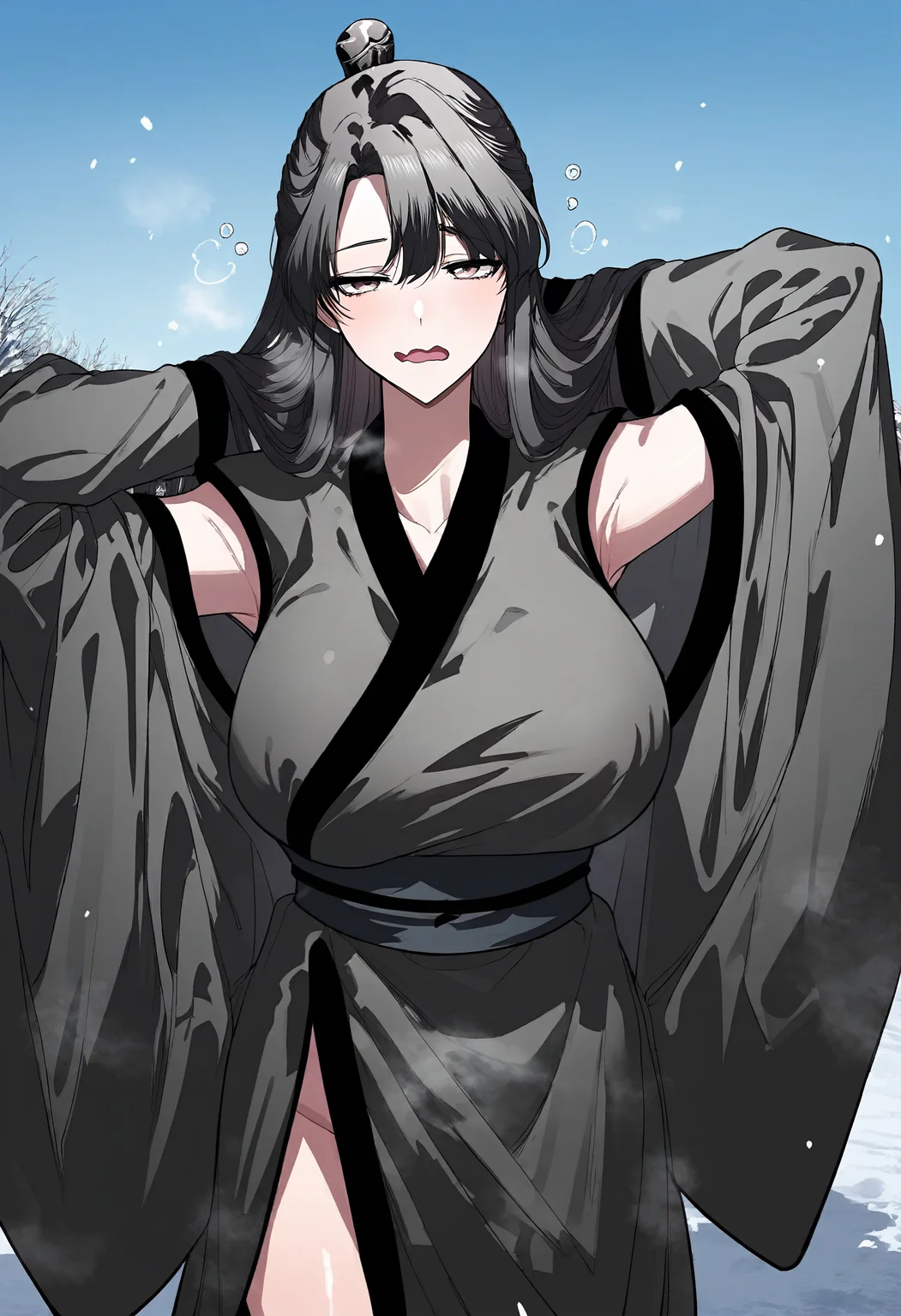 score_9, score_8_up, score_7_up, score_6_up, source_anime, rating_explicit, 1girl, solo, huge breasts, <lora:Flame Ghost Demonponyxl:1> long hair, black hair, single hair bun, half updo, brown eyes, chinese clothes, black kimono, sleeveless kimono, sash, black gloves, detached sleeves, wide sleeves, black sleeves, half-closed eyes, sleepy, open mouth, wavy mouth, Narrow shoulders, heavy breathing, steaming body, snow field, outdoors, looking at viewer, close-up, standing, arms behind head,