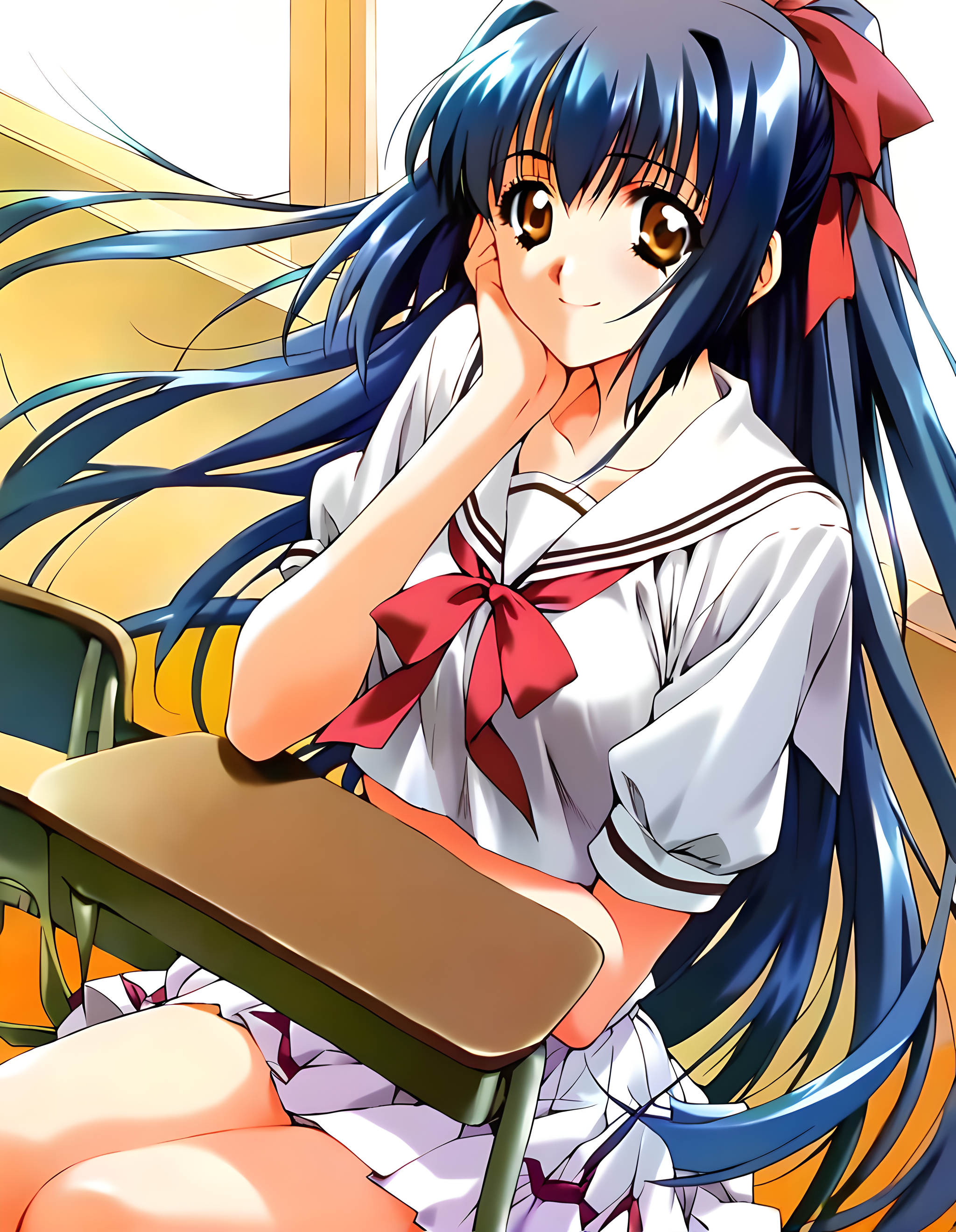 <lora:pony_xl_suzuna:0.8>,suzuna,score_9,score_8_up,score_7_up,source_anime,1girl,solo,hair_ribbon,school_uniform,white sailor suit,white skirt,classroom,smile,sitting_on_chair,cowboy_shot,