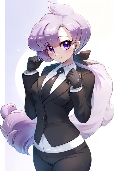 score_9, score_8_up, score_8, medium breasts, (curvy), cute, eyelashes, BREAK, , ,,, zzAnabel, purple hair, purple eyes, long hair, ponytail, ribbon, hair ribbon, bangs, black ribbon, black suit, formal, black tie, black gloves, <lora:Anabel_Pokemon_PDXL:1.0>, ,,,, BREAK, smile, closed mouth, looking at viewer, cowboy shot, ,,, embedding:zPDXL, Expressiveh, ,,, <lora:Konpeto_PDXL_v3:1.0>, <lora:SDXLFaeTastic2400:0.5>, <lora:Expressive_H-000001:0.4>,