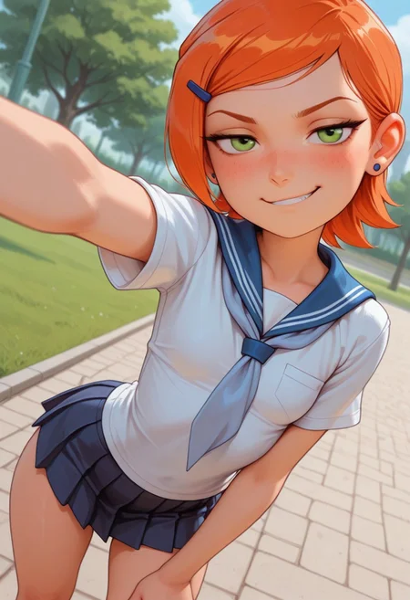 masterpiece, best quality, good quality, very aesthetic, absurdres, newest, 8K, depth of field, focused subject, mythp0rt,
stylized, wabi sabi,
1girl, Gwendolyn_Tennyson, orange hair, short, hair, freckles, cute,
smug,
petite body, small waist, curvy, thighs, shapely legs,
small breasts,
school uniform,
dynamic angle, selfie,
park,