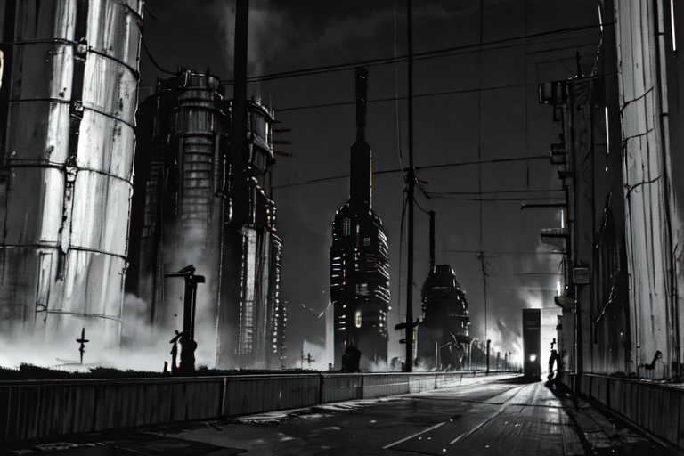 highly insanely detailed, masterpiece, top quality, best quality, highres, 4k, 8k, RAW photo, (very aesthetic, beautiful and aesthetic),  
tsutomu nihei,nihei_tsutomu,blame!,blame gakuen!,abara,TNstyle,sidonia_no_kishi,(space,spacecraft,lab,hangar,stairs,tower,tunnel,city ruins),bridge,concrete walls,metal walls,ventilation fan,ventilation shaft,cables,tubes,industrial pipes,buildings,light particles,dark sky,black sky,star \(sky\),starry sky,fence,drainpipe,dome,lantern,clouds,letterboxed,toha heavy industries,walkway,tentacles,air conditioner,mist,steam,foggy,smoke,fog,dark background,flock,cyberpunk, 
<lora:blameLora_v10:0.7>, 
(1girl:1.3), 
solo focus, 
OldTaipei,scenery,outdoors,building,power lines,city,alley,street,road,motor vehicle,utility pole,âââ