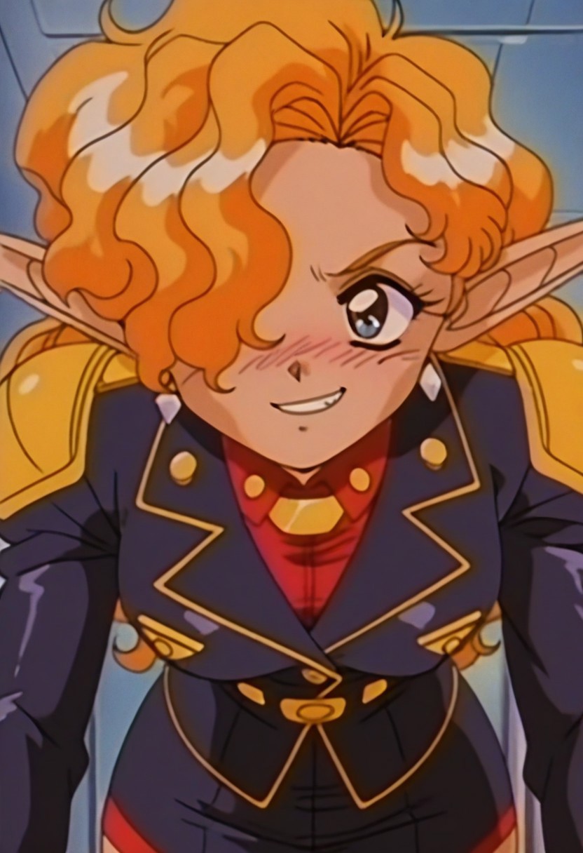 masterpiece, best quality, amazing quality, anime coloring, anime screencap, 1990s (style), Retro artstyle, pointy ears, 
, CaptainEva, uniform, jewelry, leaning forward, close up, blush, smile,