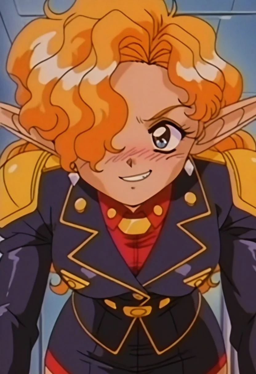 masterpiece, best quality, amazing quality, anime coloring, anime screencap, 1990s (style), Retro artstyle, pointy ears,
, CaptainEva, uniform, jewelry, leaning forward, close up, blush, smile,