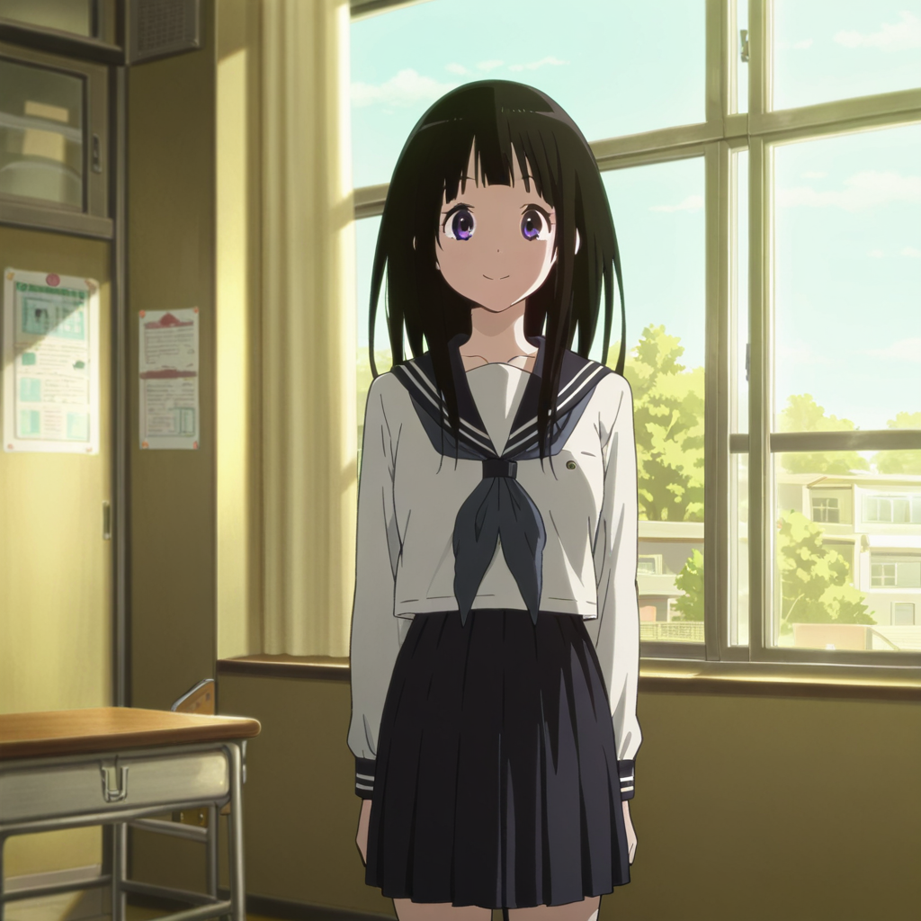 masterpiece, best quality, amazing quality,1girl, solo, kotenbu_series_chitanda_eru, standing, smile, kamiyama high school uniform (hyouka), school uniform, skirt, long hair, serafuku, black hair, purple eyes, classroom, looking at viewer, day, <lora:Chitanda_Eru_-_Kotenbu_Series:0.7>