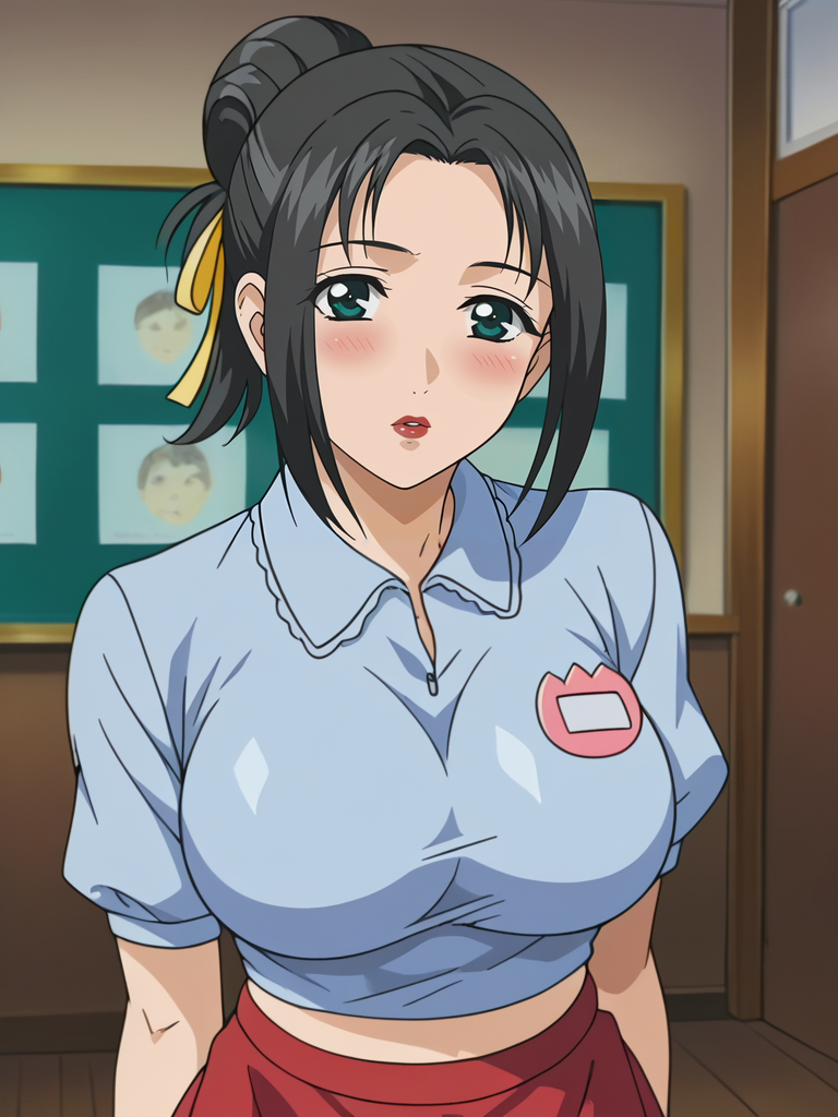 <lora:Mika_Inuoe-Hitozuma_Ryoujoku_Sankanbi:0.8>,Mika,1girl,solo,black hair,hair bun,green eyes,large breasts,hair ribbon,lipstick,blue shirt,midriff,red skirt,looking at viewer,indoors,blush