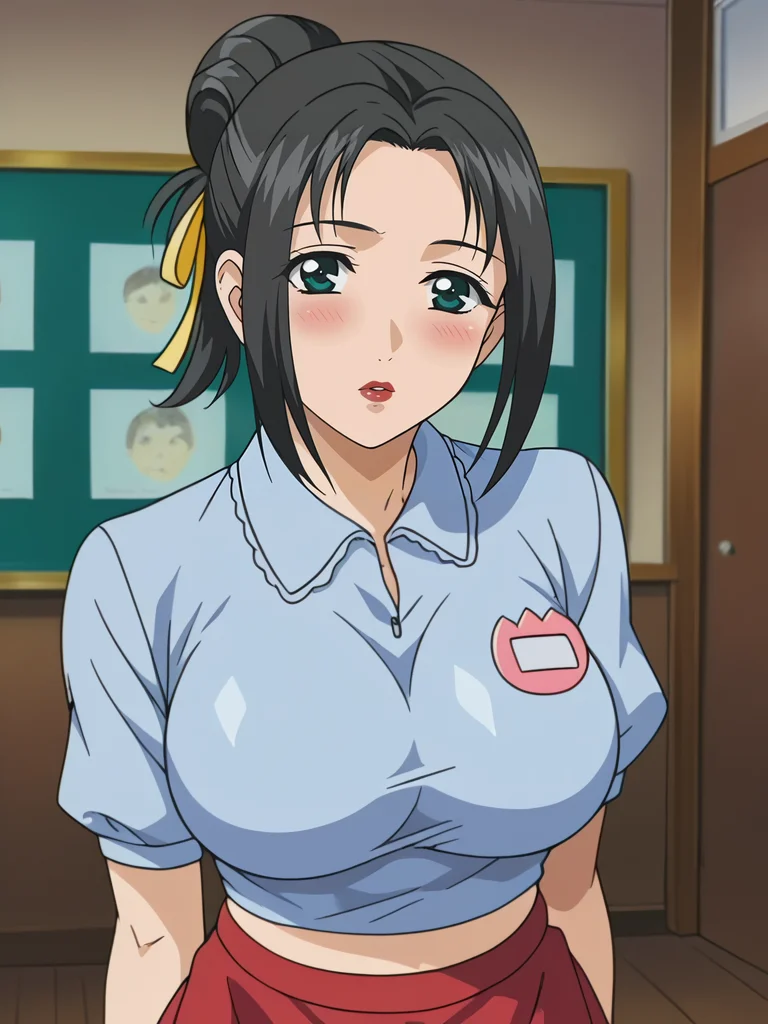 <lora:Mika_Inuoe-Hitozuma_Ryoujoku_Sankanbi:0.8>,Mika,1girl,solo,black hair,hair bun,green eyes,large breasts,hair ribbon,lipstick,blue shirt,midriff,red skirt,looking at viewer,indoors,blush