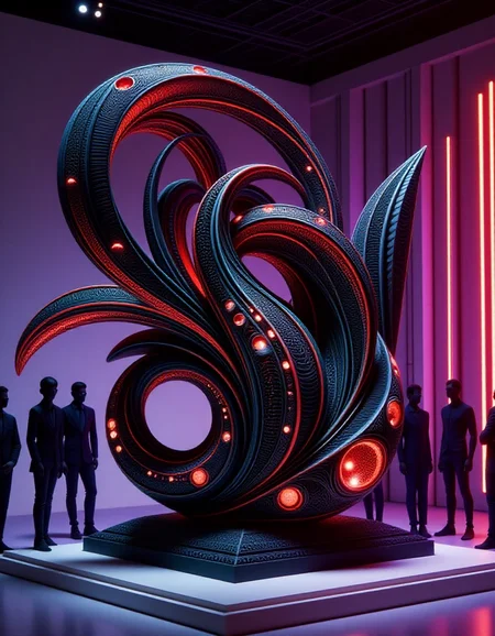 A captivating retro-style sculpture made of dark wood with a complex fractal design is displayed in a sleek New York gallery. The sculpture features smooth, mid-century inspired curves, with intricate geometric patterns embedded with glowing red gemstones. A focused spotlight highlights the piece, casting deep shadows that emphasize its rich texture. Surrounding the sculpture, neon purple, green, and orange LED lights create a futuristic yet nostalgic glow, reflecting off the polished wood and radiant gems. Shadowy figures of gallery visitors stand nearby, their outlines softly illuminated by the colorful lights, silently observing the mesmerizing blend of retro and futuristic design, adding a sense of mystery and intrigue to the scene
<lora:ral-frctlgmtry_flux:0.8> ral-frctlgmtry <lora:woodfigurez:0.8> woodfigurez