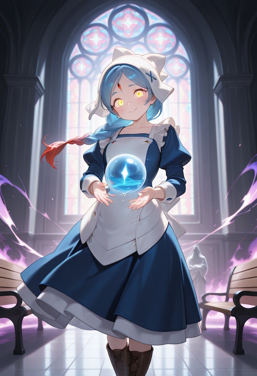 anime, masterpiece, best quality, detailed background, 8k, detailed face, beautiful eyes
mature, female focus, from below
BREAK,
LilithFEIF, long hair, braided, two-tone hair, yellow eyes, Blue Maid Costume, Apron, White Bonnet, bowtie, blue stitch, forehead crystal, brown boots, 1girl,
Purple Aura, purple glow,  water magic, water bending, water droplets, head tilt, shy smile, holding, crystal ball
Cathedral, giant statue in background, benches, stained glass
gew,glowing eyes,