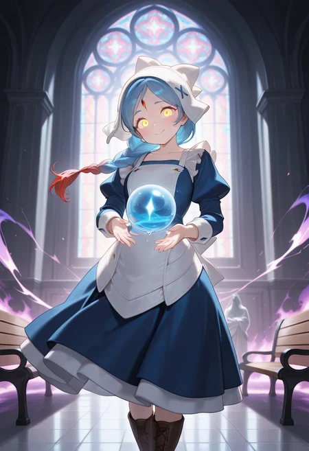 anime, masterpiece, best quality, detailed background, 8k, detailed face, beautiful eyes
mature, female focus, from below
BREAK,
LilithFEIF, long hair, braided, two-tone hair, yellow eyes, Blue Maid Costume, Apron, White Bonnet, bowtie, blue stitch, forehead crystal, brown boots, 1girl,
Purple Aura, purple glow, water magic, water bending, water droplets, head tilt, shy smile, holding, crystal ball
Cathedral, giant statue in background, benches, stained glass
gew,glowing eyes,