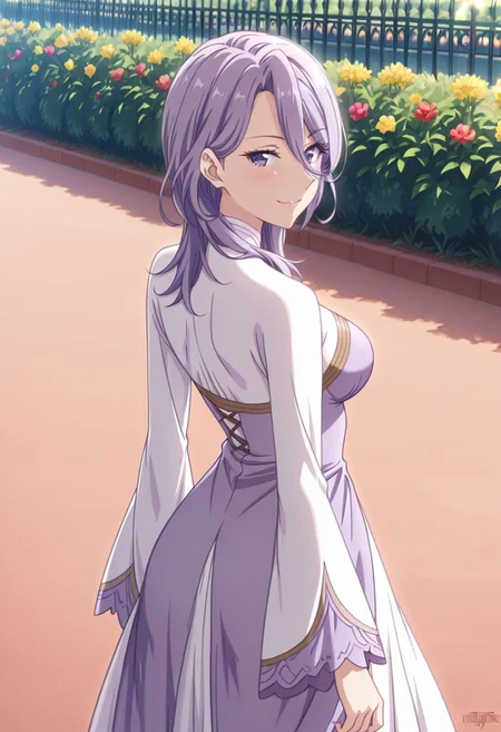 masterpiece, best quality, amazing quality, dynamic view, solo, dynamic view, solo, 1girl, masterpiece, best quality, bokeh, luminescent background,
( hildegardadenauer,,
purple hair, ahoge, medium hair, blunt bangs, hair over shoulder, hair betveen eyes, purple eyes, medium breasts, ,
dress, two-tone dress, purple dress, white dress, long sleeves, white shoes,,
)
solo, from behind, outdoors, garden, flower, red flower, blue flower, purple flower, yellow flower, looking back, smile,