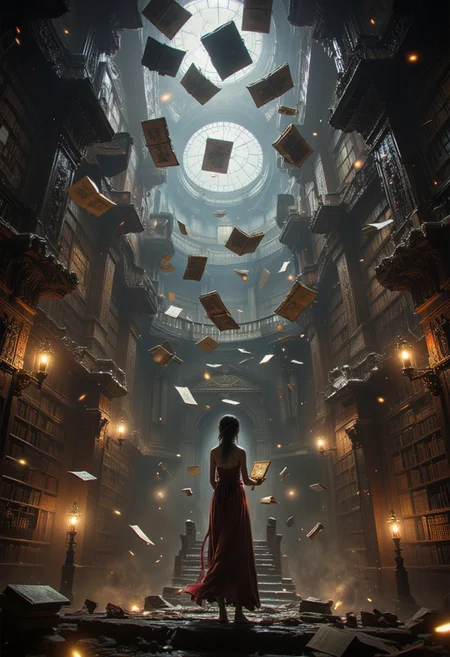 In a massive, mystical library, a young woman stands in the center, surrounded by floating books that flip their pages in the air. Each book holds moments from her life, but all the text is written backward. She holds an antique mirror in her hands, using it to decipher the reversed stories, her expression focused and intrigued. The atmosphere is magical, with a dim, golden glow casting soft shadows. Bookshelves stretch endlessly into the dark, and she searches for the one book that reveals her future. The scene feels timeless, ethereal, and mysterious.