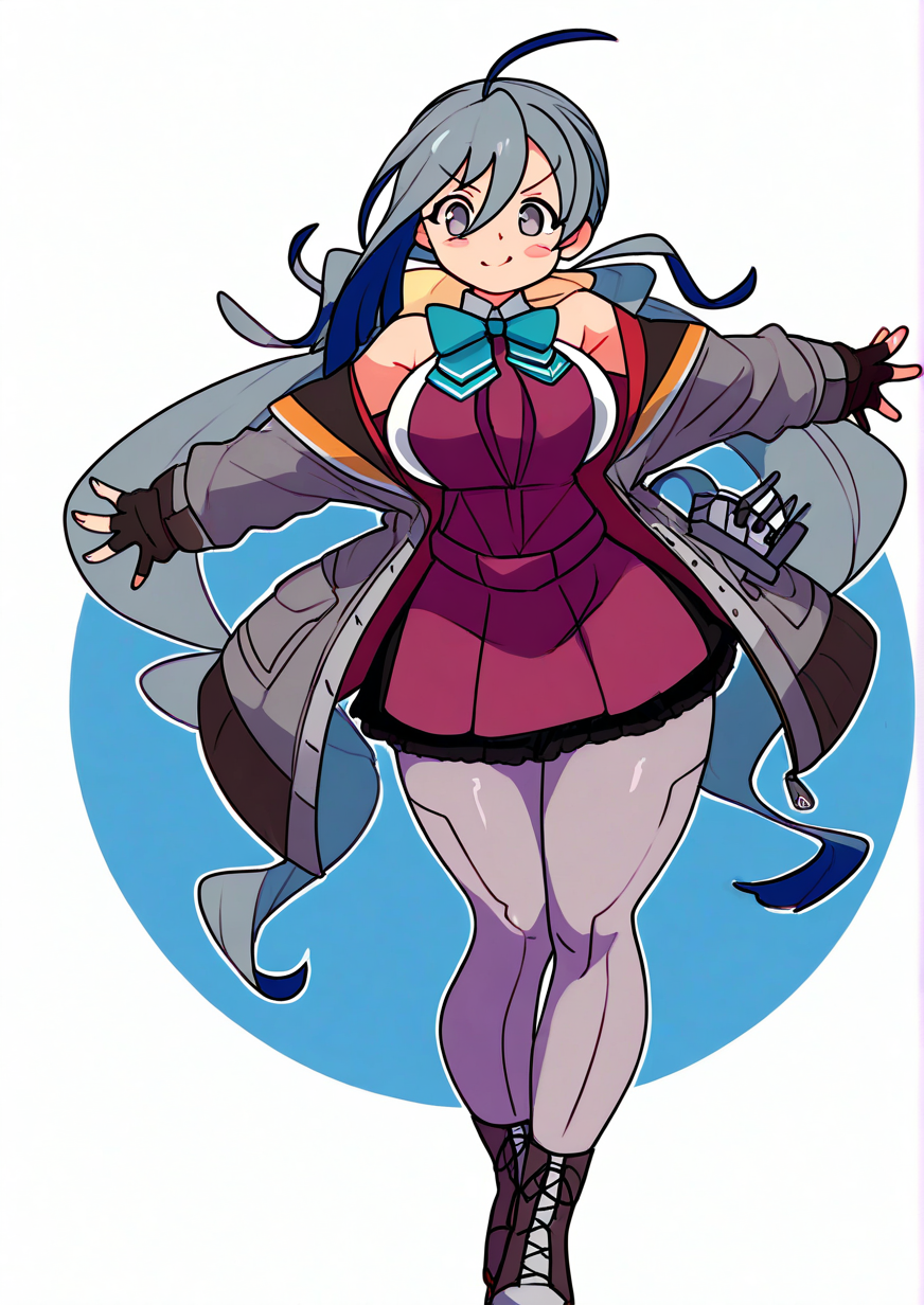 <lora:Tiaradraws:1>,1girl, kiyoshimo \(kancolle\), kiyoshimo kai ni \(kancolle\), huge breasts, wide hips, kantai collection, ahoge, aqua bow, aqua bowtie, black gloves, bow, bowtie, coat, dress, fingerless gloves, full body, gloves, grey coat, grey eyes, grey hair, grey pantyhose, grey thighhighs, hair between eyes, halter dress, halterneck, long hair, low twintails, machinery, mecha, one-hour drawing challenge, outstretched arms, pantyhose, purple dress, robot, solo, standing, thighhighs, twintails, very long hair, 
animated, dynamic angle,very awa, masterpiece, best quality, highres, absurdes,amazing quality,very aesthetic,intricate details,