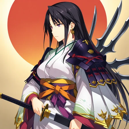 <lora:Nikkou_1_nai-000020:1>,Nikkou,forehead mark,facial mark,
japanese clothes,japanese armor,kimono,sash,shoulder armor,obi,earrings,jewelry,sode,wide sleeves,
1girl,solo,serious,standing,red sun,holding sword,long sword,from side,own hands together,