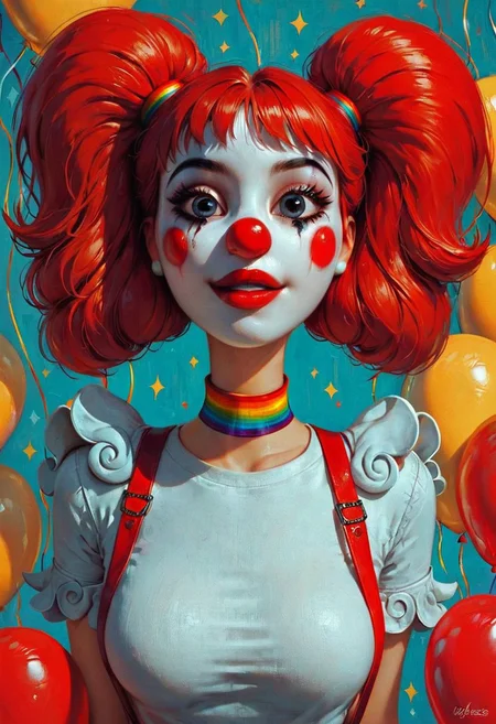score_9, score_8_up, score_7_up, 1girl, perfecteyes, short, young, busty, petite, (Clown girl:1.3), Pixar, Pigtails, white face paint, red nose, red lipstick, pigtails, tight shirt, suspenders, from the front, under the big top, at the circus, cheerful facial expression, waving, balloons in background