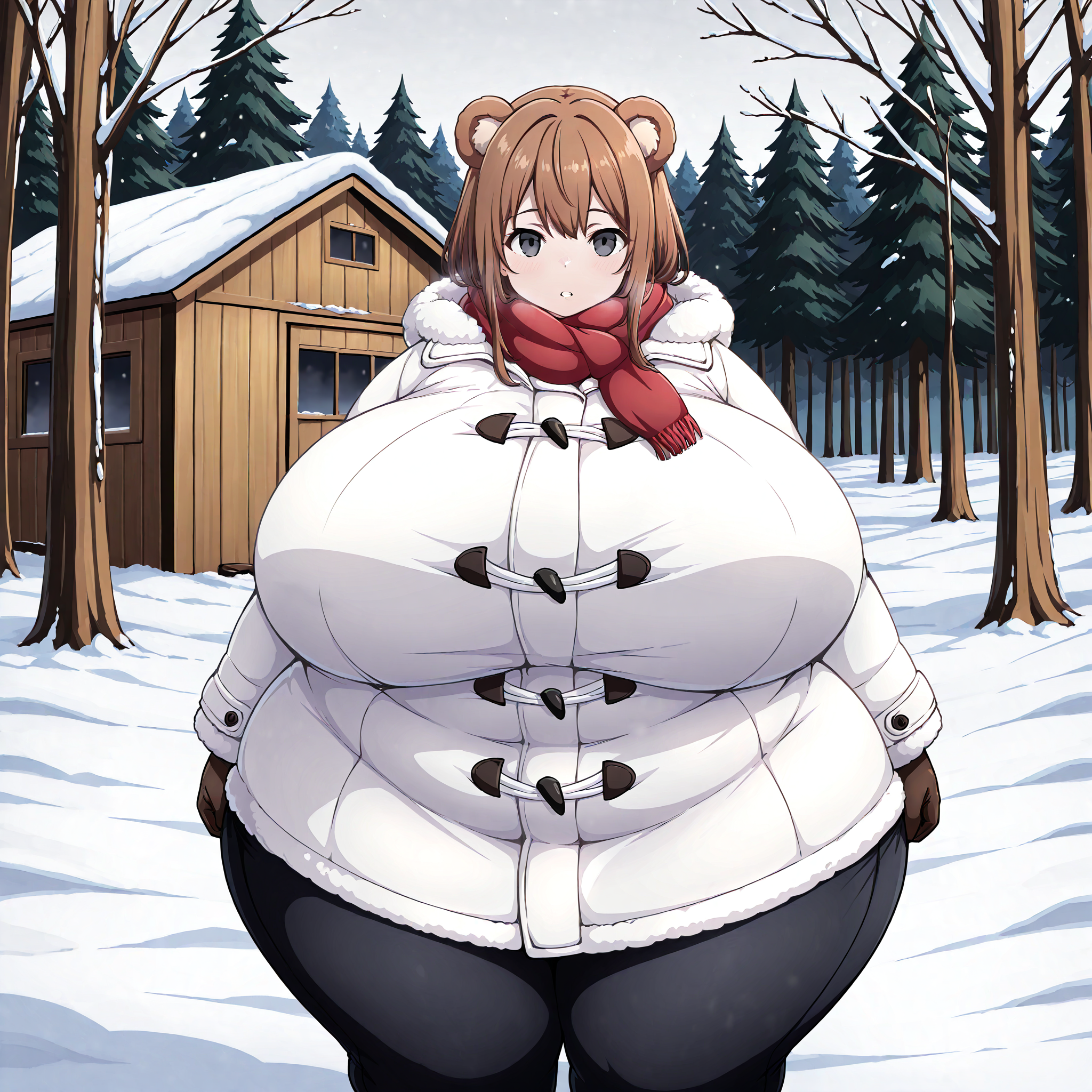 (masterpiece), best quality, (highly detailed), 1female, solo, <lora:Miramiraclerun_style_Illustrious:0.8>, bear ears, brown hair, black eyes, gigantic breasts, wide hips, white winter coat, pants, fitting clothes, forest, snow, cabin, red scarf, looking at viewer, blank expression,