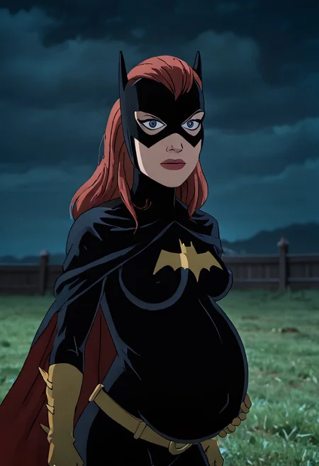 <lora:BatgirlPony1.0:1> BarbaraG, 1girl, solo, cape, mask, belt, gloves, blue eyes, superhero, long red hair, bodysuit,upper body, cowboy shot, breasts, night, medium breasts, lipstick, batgirl, looking at viewer, , pillorypose, arms behindback, bent over, from behind, hanging breasts, belly cut hole massive big round huge giant pregnant belly