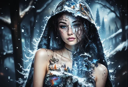 aidmaMJ6.1, darkcore, Jeddblexpsre,double exposure, ethereal. A mid-shot of the young woman from the chest up, focusing on the realistic texture of her light blue cloak and the soft blend of a snowy forest that merges into her silhouette. Her slightly revealing attire is partially visible beneath the cloak, but the attention remains on the harmonious layering of her figure and the natural landscape behind her. The snowflakes falling around her add depth to the composition, while the mid-shot provides enough detail of her upper body and the surrounding scene, ensuring the double exposure effect remains subtle yet impactful. Her hands are gently resting on her cloak, only partially visible ., <lora:FluxDFaeTasticDetails.safetensors:1.0:1.0> <lora:aidmaMJ6.1-FLUX-V0.2.safetensors:1.0:1.0> <lora:Flux DoubleExposure_epoch_1.safetensors:1.0:1.0> <lora:NebulaNexus_v1.safetensors:0.7000000000000001:0.7000000000000001>