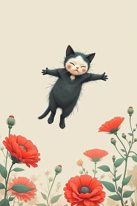 YFG-Asak, YFG-Fwshn, Whimsical illustration of a playful cat in mid-air, characterized by loose, textured brushstrokes and a muted color palette with vibrant pops of red on the flowers surrounding it. The style combines minimalistic linework with dynamic motion, evoking a sense of charm and playfulness while maintaining a sketch-like quality. Capture the scene with a Wacom Intuos Pro digital drawing tablet and a range of Copic markers. Set the brushstrokes to be loose and expressive, allowing for subtle texture and movement in the illustration. Balance the muted colors with the bold, vibrant reds used in the flowers to create visual interest. Focus on capturing the dynamic motion of the cat's flight, using gestural lines to convey a sense of energy and playfulness.