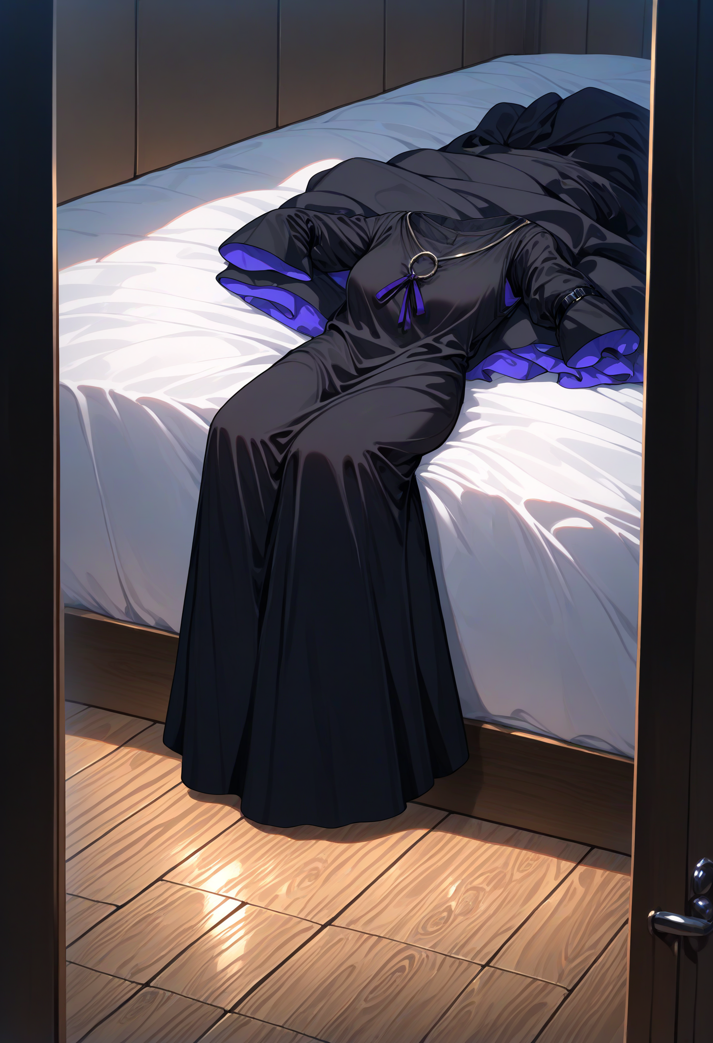 masterpiece, best quality, newest, absurdres, highres, <lora:Detailer_NoobAI_Incrs_v1:1.4>, detailed, black dress, no humans, white bed, pa-san, wooden floor, clothes focus, unworn clothes, scenery, long dress, sleeves, unworn dress,