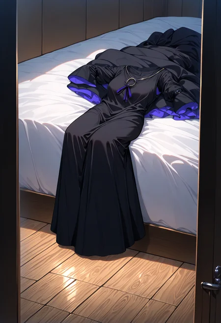 masterpiece, best quality, newest, absurdres, highres, <lora:Detailer_NoobAI_Incrs_v1:1.4>, detailed, black dress, no humans, white bed, pa-san, wooden floor, clothes focus, unworn clothes, scenery, long dress, sleeves, unworn dress,