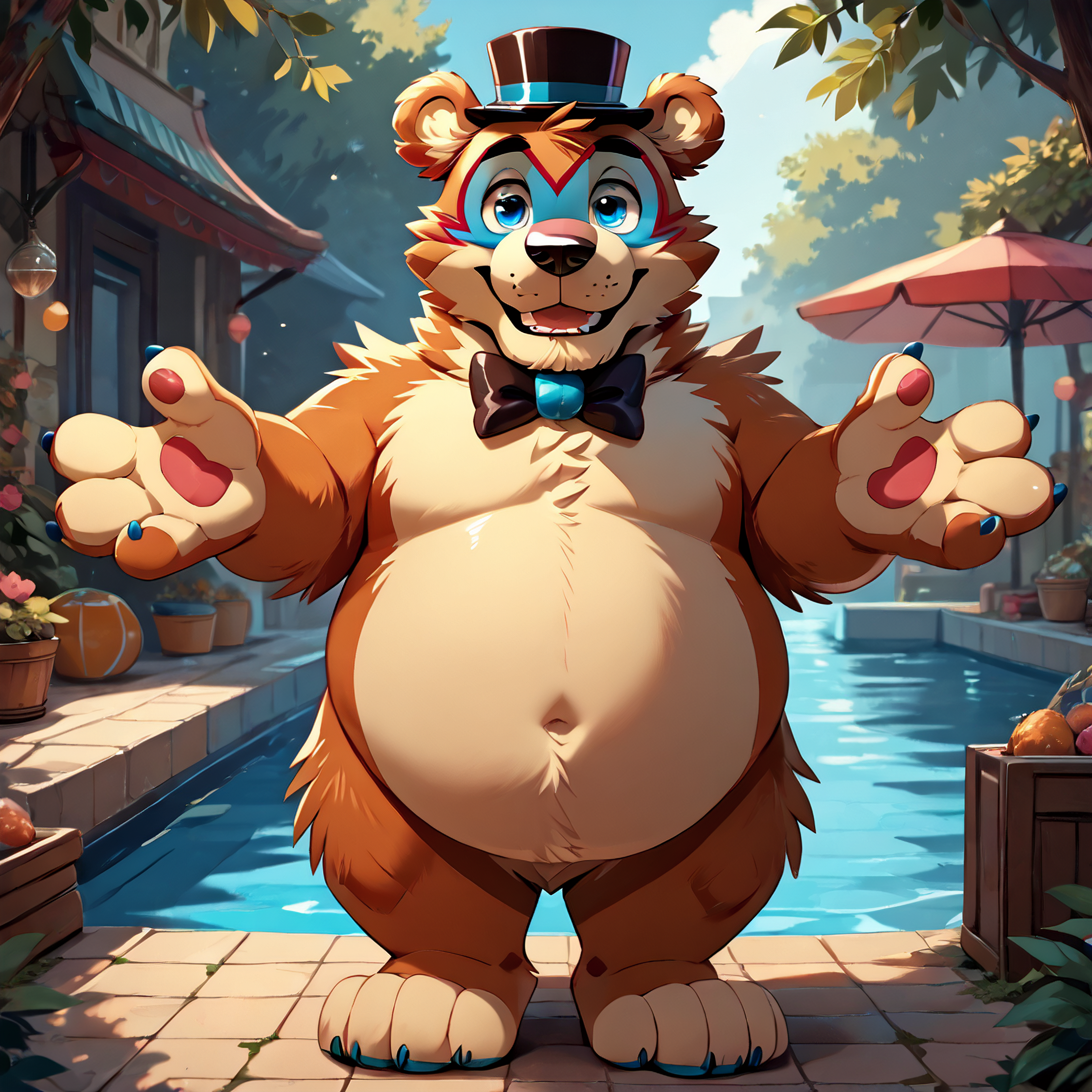 <lora:bigfreddy_ponyxl-10:1>  score_9_up, score_8_up, score_7_up, source_furry, best quality, masterpiece, outsude, park, park background, (bigfreddy), bear ears, solo, (looking at viewer), perfect body,  (perfect anatomy),  fluffy paws, (fluffy paws), detailed ears, detailed hands, detailed body, perfect body, (detailed hands),  zPDXL3, detailed hat, male focus, nice background, (flat chest), fluffy head:0.8, looking at viewer, cute and chubby round belly, black bowtie
 <lora:zy_Detailed_Backgrounds_v1:1.0>  <lora:HandFixer_pdxl_Incrs_v1:0.5>