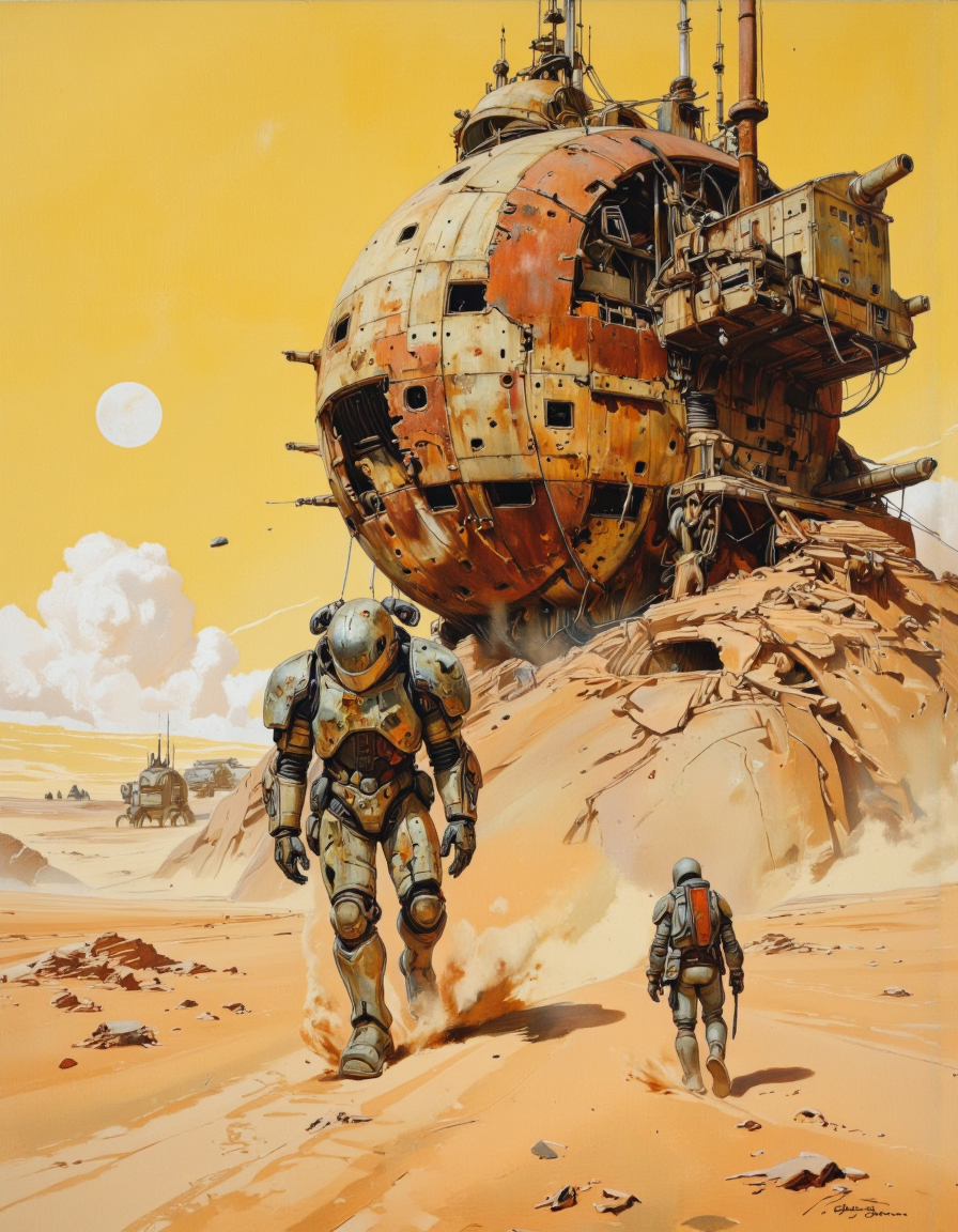 By theaicolab. This is a high-resolution CGI image depicting a post-apocalyptic desert landscape under a hazy, golden-yellow sky. The foreground features a lone, armored figure walking away from the camera, dressed in a bulky, futuristic exoskeleton suit with multiple appendages and a helmet that covers most of the head. The suit is a blend of metallic and organic textures, with intricate details and worn patches. The figureâs footsteps kick up dust, adding to the desolate atmosphere.
Dominating the background is a massive, partially destroyed spaceship or space station, resembling an ancient, rusted behemoth. The ship's structure is a chaotic tangle of pipes, cables, and metal panels, some of which appear to be crumbling or missing. The ship's surface is a mix of dull, rusty reds and browns, contrasting with the bright, dusty sand below.
The sky is a gradient of yellow and orange, with a few wisps of cloud and a sun that casts a warm glow, creating a surreal, almost dreamlike quality. The overall color palette is dominated by earthy tones, with the exception of the bright, hazy sky. The scene evokes a sense of abandonment and decay, set against a vast, barren desert. <lora:The_AI_Colab:1>