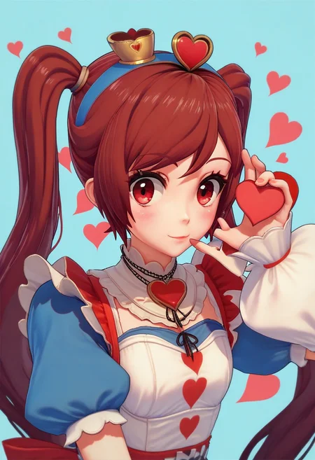 score_9, score_8_up, score_7_up, 1girl, A young woman, alice in wonderland style, ami_arakawa as the red queen,twintails,cute,queen of hearts