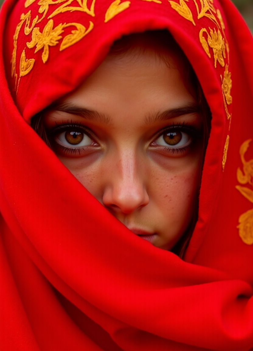 iphone photo (full body shot:1.5) image of an (Irish-Romanian:1.65) (25-year-old:1.1) woman a nomad portrait of mysterious eyes framed by a red cloth. The focus is on the eyes, which impress with realistic details and an intense expression. The background is in warm red and orange tones that create an oriental or desert-like atmosphere. The texture of the fabric features abstract, flowing patterns, while the colors are strong and contrasting to emphasize the depth of the artwork.
(photorealistic:1.25), UHD, (shot on a Sony A7III:1.25), optimal photography, natural lighting . large depth of field, deep depth of field, highly detailed