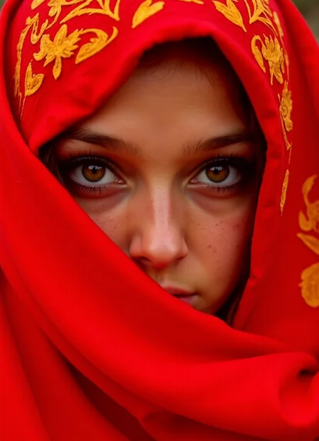 iphone photo (full body shot:1.5) image of an (Irish-Romanian:1.65) (25-year-old:1.1) woman a nomad portrait of mysterious eyes framed by a red cloth. The focus is on the eyes, which impress with realistic details and an intense expression. The background is in warm red and orange tones that create an oriental or desert-like atmosphere. The texture of the fabric features abstract, flowing patterns, while the colors are strong and contrasting to emphasize the depth of the artwork.
(photorealistic:1.25), UHD, (shot on a Sony A7III:1.25), optimal photography, natural lighting . large depth of field, deep depth of field, highly detailed