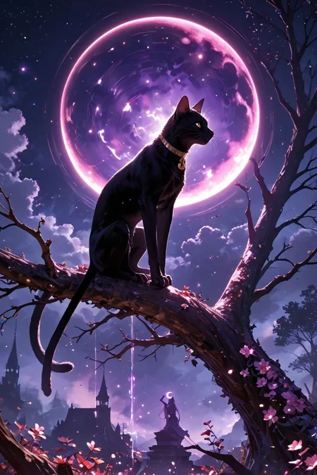 realistic,detailed background,score_9,score_8_up,score_7_up,masterpiece,best quality,
<lora:(增强)sdxl_lightning_8step_lora:1>,<lora:glowneon_xl_v1:1>,glowing,<lora:ExpressiveH:0.8>,Expressiveh,<lora:(增强)Hands XL 4:1>,perfect hands,
Surreal night scene,silhouette of a cat sitting on a tree branch,crescent moon in the sky,purple hues,starry night,dreamlike atmosphere,glowing edges,mystical,high contrast,ethereal light,detailed textures,whimsical,no human,