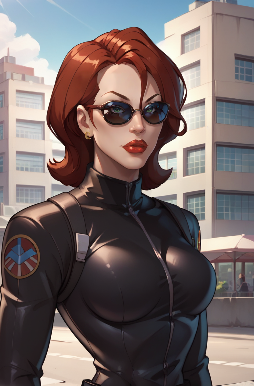 score_9, score_8_up, score_7_up, score_6_up, masterpiece, high quality, perfect face, perfect eyes, BWidow, 1girl, red hair, short hair, green eyes, earrings, red lips, sunglasses, black bodysuit, breasts, lipstick, upper body, building
 <lora:UABlackWidow-110reps-p2:1>