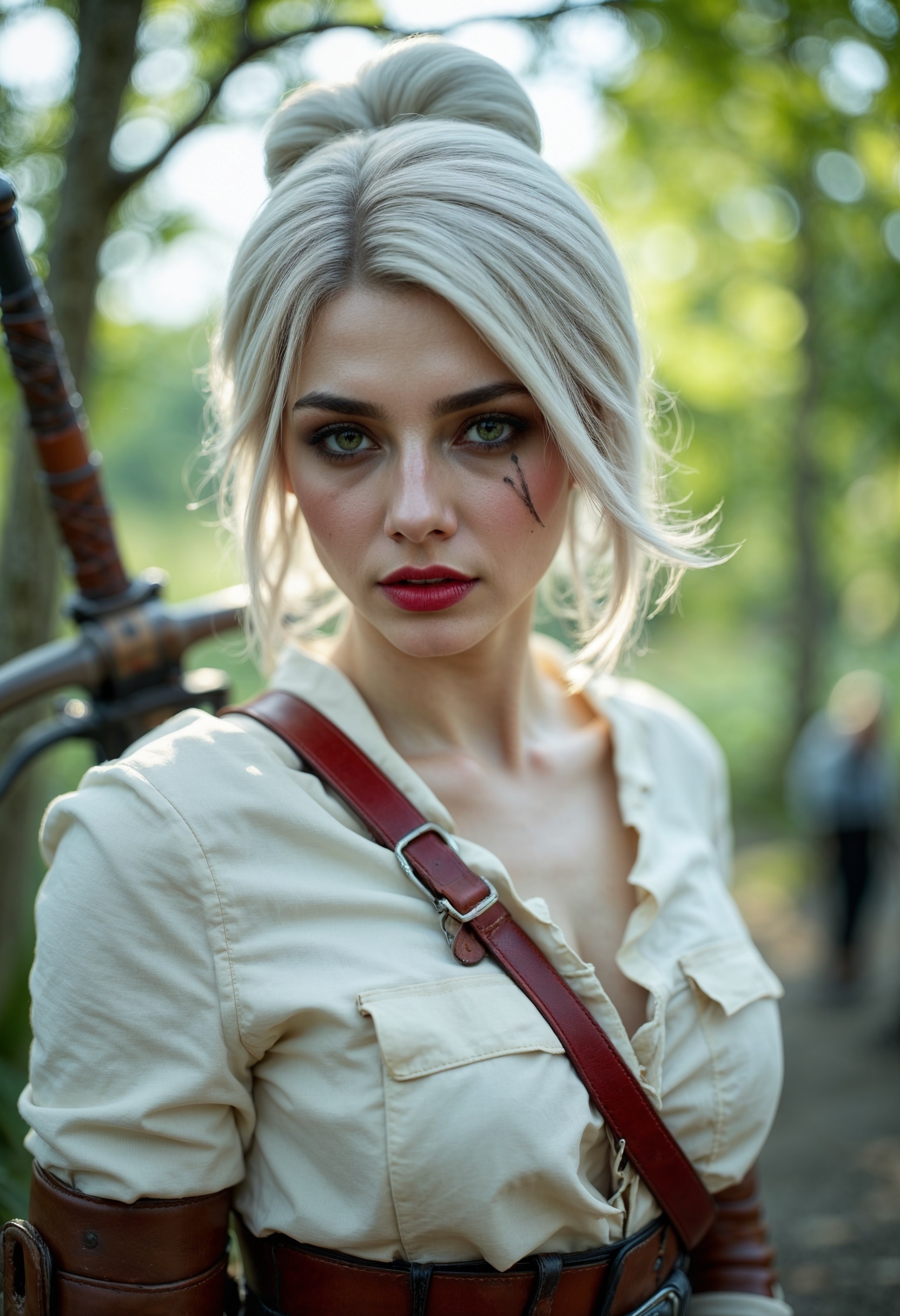 CiriW, a portrait-style photograph featuring a woman with fair skin and white hair styled in a loose bun. The woman has striking green eyes and is wearing makeup that accentuates their features, including bold eyeliner and red lipstick. She is dressed in a white top, a red strap across the chest, and a brown leather belt. The background is softly blurred, with hints of greenery and a sword visible, suggesting a themed setting. The overall composition is vibrant, with a focus on the subject's detailed attire and expressive gaze.  <lora:FluxCiriWV1:1> <lora:FluxMythR3alisticF:0.8> R3alisticF
