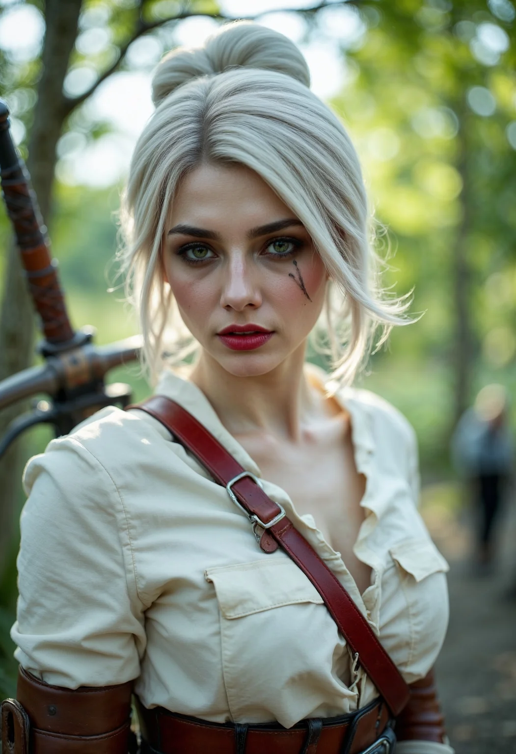 CiriW, a portrait-style photograph featuring a woman with fair skin and white hair styled in a loose bun. The woman has striking green eyes and is wearing makeup that accentuates their features, including bold eyeliner and red lipstick. She is dressed in a white top, a red strap across the chest, and a brown leather belt. The background is softly blurred, with hints of greenery and a sword visible, suggesting a themed setting. The overall composition is vibrant, with a focus on the subject's detailed attire and expressive gaze. <lora:FluxCiriWV1:1> <lora:FluxMythR3alisticF:0.8> R3alisticF