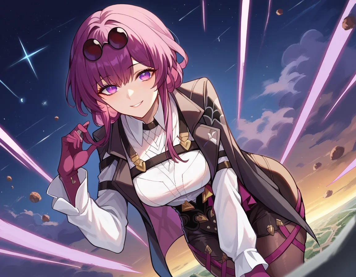 score_9, score_8_up, score_7_up, source_anime,
honkaikafka, <lora:honkai-kafka-ponyxl-lora-nochekaiser:1>,
kafka, eyewear on head, round eyewear, purple eyes, purple hair, long hair, smile,
black jacket, gloves, high-waist shorts, jacket, pantyhose, pantyhose under shorts, shirt, shorts, white shirt
outdoors, space, bent over,
looking at viewer, dutch angle, cowboy shot,