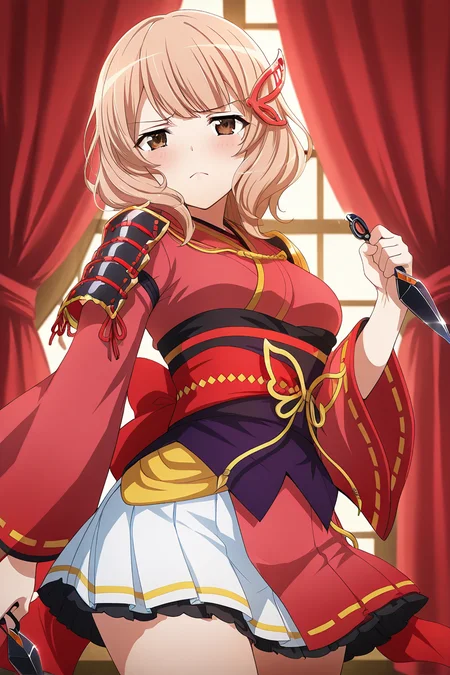 masterpiece, best quality, amazing quality,
<lora:Yuyuko_IL:1> yuyuko, 1girl, solo, shoulder armor, armor, hair ornament, japanese clothes, brown eyes, sash, looking at viewer, japanese armor, frown, kimono, blush, obi, skirt, blonde hair, light brown hair, ribbon trim, pauldrons, bangs, pleated skirt, red kimono, stage outfit, kunai, holding kunai, red curtains,