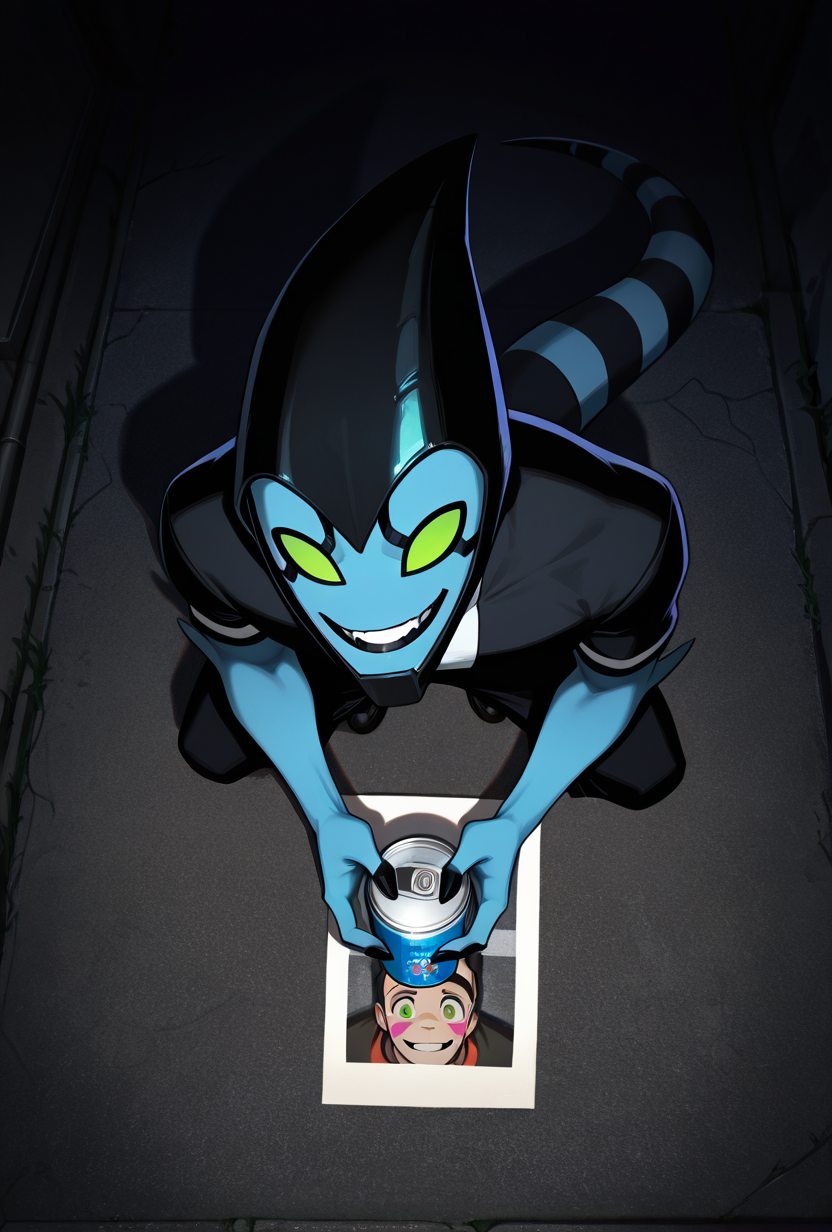<lora:xlr8-08:1> xlr8, solo, green eyes, blue skin, black lips, stripped tail, 1boy, black mouth strip,, detailed background,   <lora:concept_flasheffect-ill-vpmini:1> vignetting contrast, shadow, dark, night, polaroid photo, cctv footage, brat, street, holding pray can, zoomed in shot, birds eye view, from above, smiling at camera, spray painting, graffiti, masterpiece, best quality, amazing quality, very aesthetic, absurdres, newest,