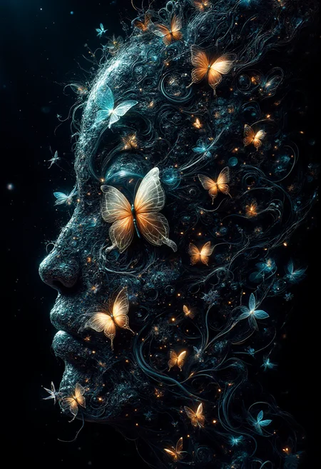 In this surrealist art piece, we find ourselves in a world where the microscopic and macroscopic collide. The electron microscope, usually reserved for scientific observation, has been transformed into an otherworldly environment. Against a dark background, a swarm of butterflies dance amidst the intricate web of wires and circuits. The contrast between their delicate, colorful wings and the cold, mechanical surroundings creates a sense of unease and curiosity. As we zoom in closer, we notice the incredible detail captured by the microscope - tiny cells, molecules, and even atoms arranged in patterns that resemble the delicate structures of butterfly wings. This hauntingly beautiful scene challenges our perception of reality and invites us to ponder the interconnectedness between the worlds we once thought were distinct., <lora:glowing_flux.safetensors:1.0>, <lora:FluxDFaeTasticDetails.safetensors:1.0>,