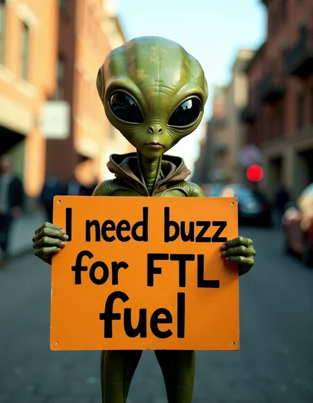 alien holding a sign with on it that says "i need buzz for ftl fuel  "