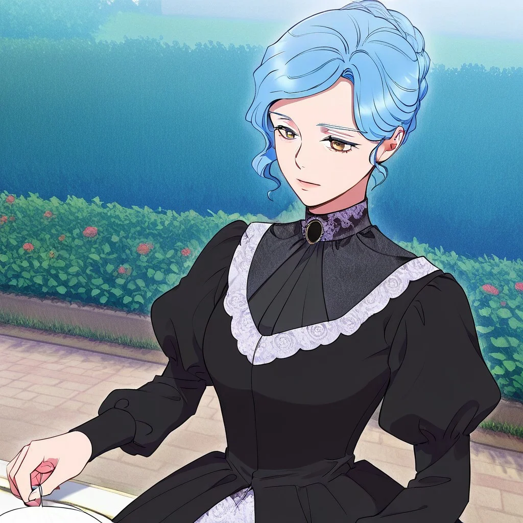 1girl, solo, long sleeves, juliet sleeves, puffy sleeves, dress, blue hair, breast, Empmedea, outside, garden, yellow eyes,