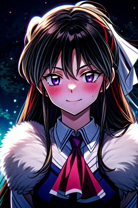 masterpiece, best quality 1girl Setsun4 solo long hair, (night time) forest background black hair very long hair purple eyes multicolored hair armor (fur trim) (medium body),<lora:EMS-179-EMS:0.800000>,<lora:EMS-293862-EMS:0.800000> bow, hair_bow, hair_tubes, red_bow, brown_hair, long_hair, bangs, ascot, frilled_bow, yellow_ascot, blush, smile, hair_between_eyes, athletic
