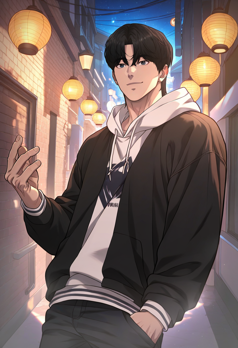 1boy, male focus, solo,
<lora:Character - Questism - Kim Suhyeon:1> kimsuhyeon, black hair, black eyes
,((zPDXL)), score_9_up, score_8_up, score_7_up, score_6_up, score_5_up, score_4_up, best quality, amazing quality, best aesthetic, amazing aesthetic, absurdres, year2023, uncensored, very nsfw, official art, official style,
standing, hoodie, alley, night sky, surrounded, crowd, seductive smile,