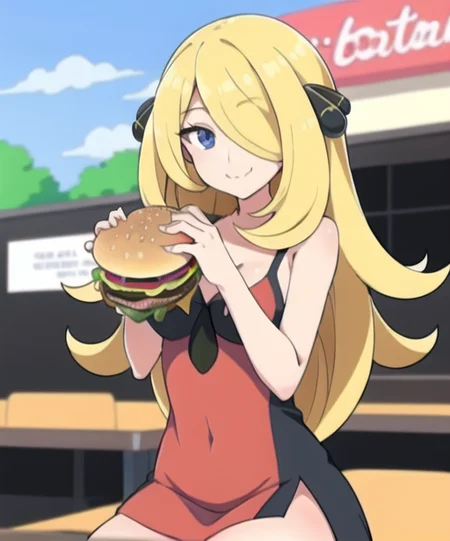1girl, character_pokemon_cynthia, solo, smile, closed mouth, dress, thigh slit, hair ornament, fast food restaurant setting,   <lora:eatingAHamburger_animeEatingBurger:.5>,  <lora:pokemon_cynthia:.5>burger,eating a hamburger, nom hamburger, two hands