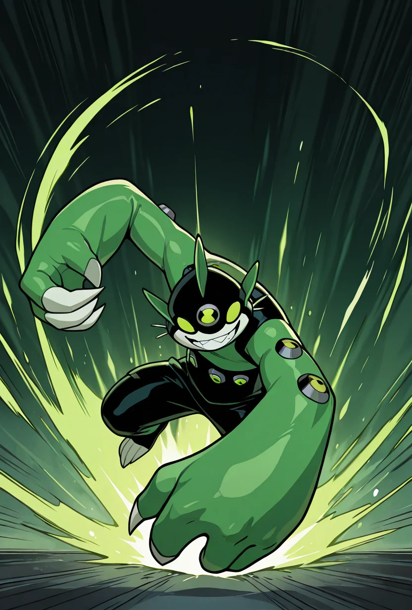 <lora:dito-08:1> dito, solo, no humans, green eyes, white claws, 1boy,green clothes, big hands, green head fins, green arms, black head, dynamic pose, smiling , teeth, masterpiece, best quality, amazing quality, very aesthetic, absurdres, newest,