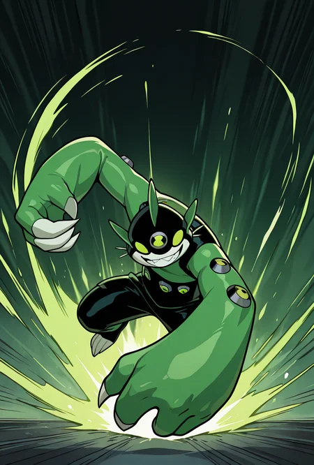 <lora:dito-08:1> dito, solo, no humans, green eyes, white claws, 1boy,green clothes, big hands, green head fins, green arms, black head, dynamic pose, smiling , teeth, masterpiece, best quality, amazing quality, very aesthetic, absurdres, newest,